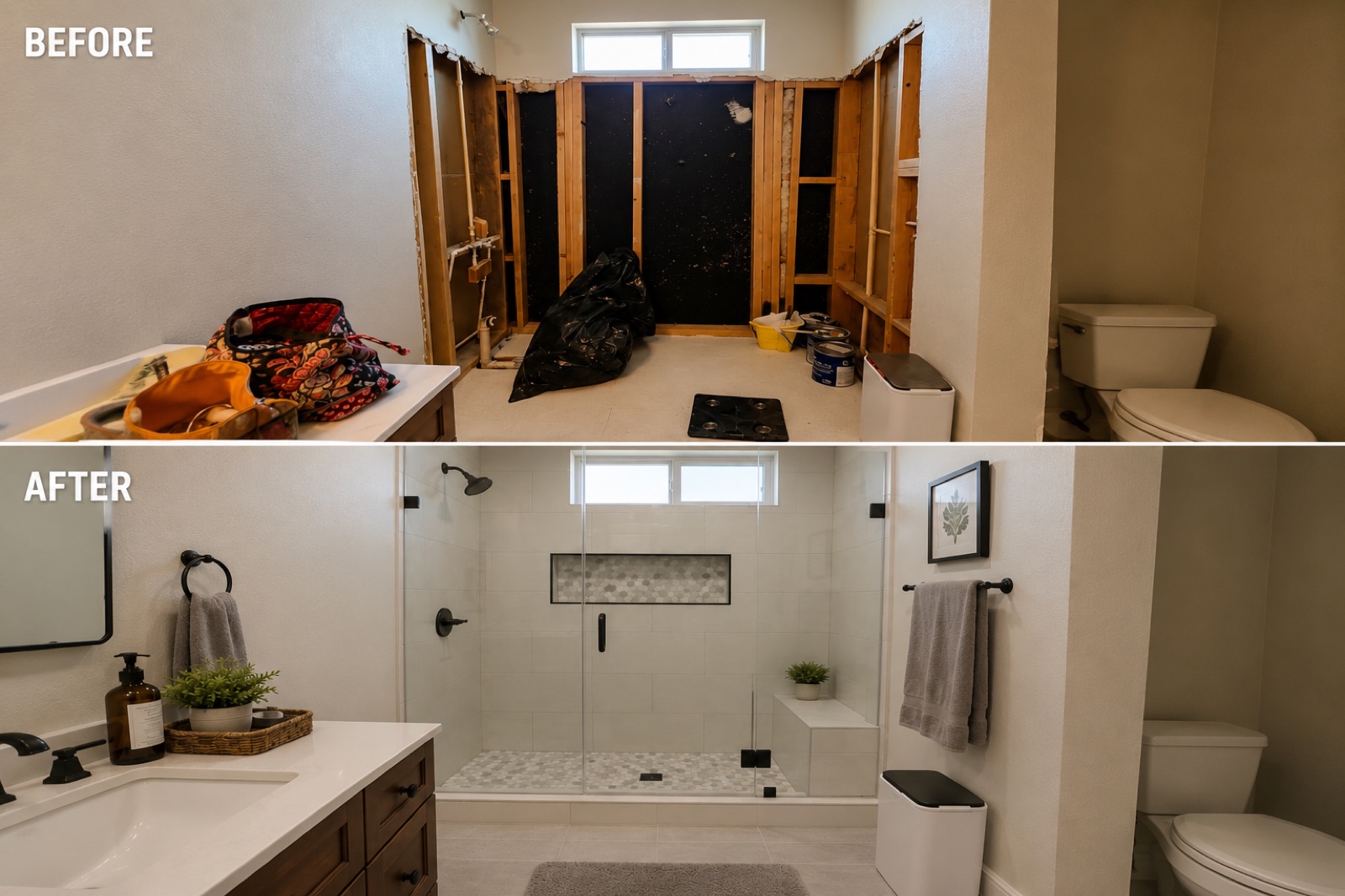 Bathroom remodel before and after — gutted studs transformed into a finished tiled walk-in shower
