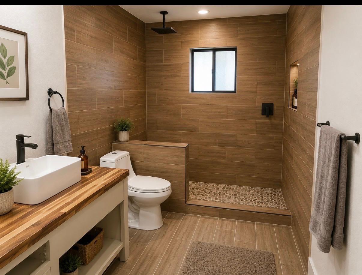 Remodeled bathroom with tiled shower and vanity