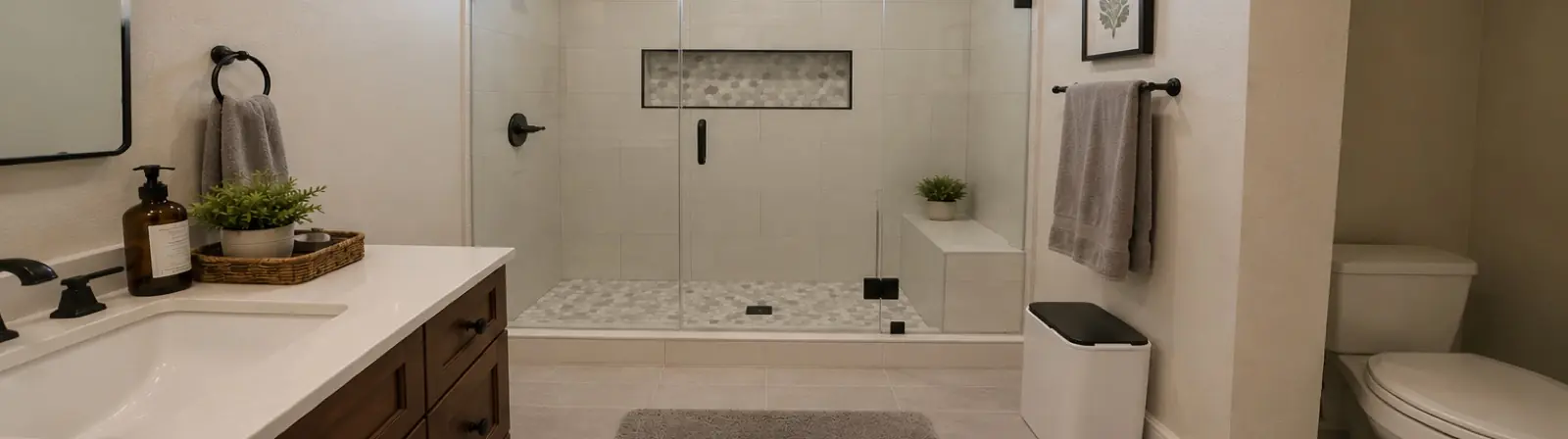 After: finished bathroom with a glass walk-in shower and new vanity