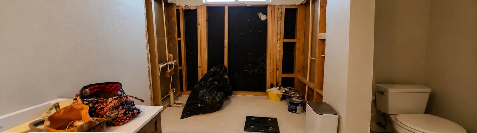 Before: the same bathroom stripped to the studs
