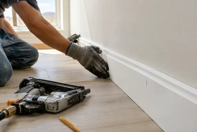 Gloved hands pressing new baseboard trim against a freshly painted wall
