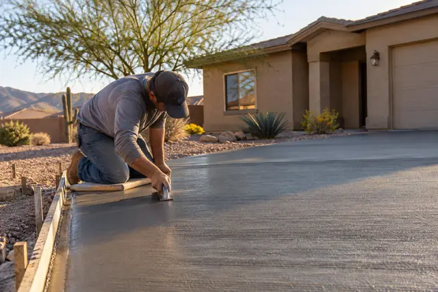 A worker edging a fresh concrete driveway in front of a stucco home