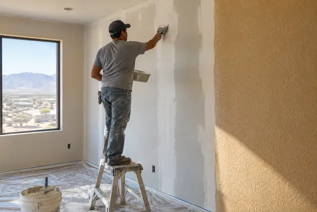 Drywall finisher spreading joint compound over a taped seam
