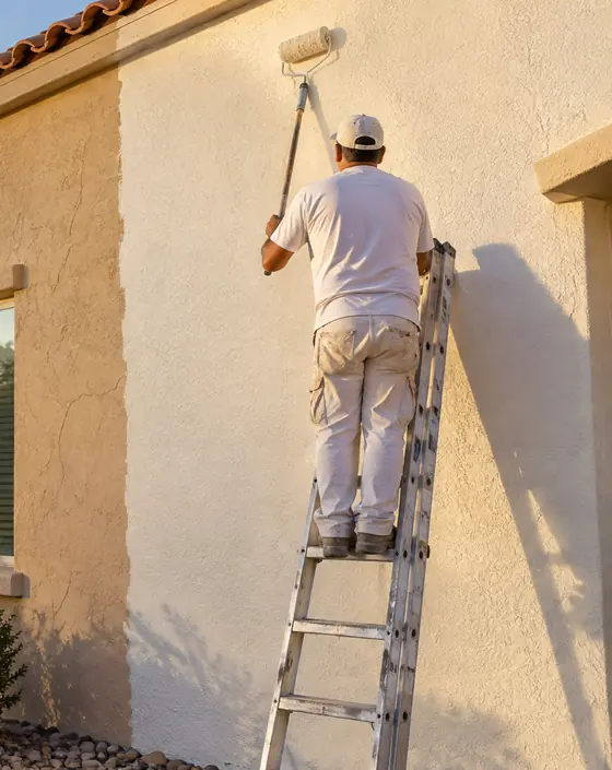 A painter on a ladder rolling a fresh coat over faded stucco