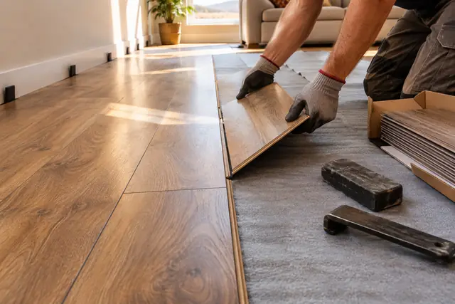 Gloved hands angling a new laminate plank into the last finished row over bare underlayment